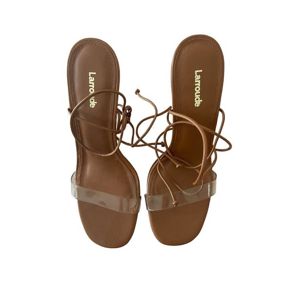 Larroude Gloria Heels Sandals Leather Vinyl Tie Ankle Straps Caramel Size 7.5 - Picture 5 of 9